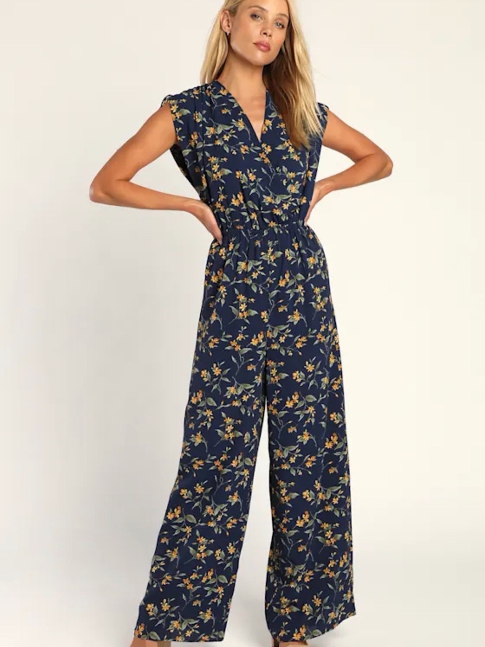 Lulus Navy Blue Yellow Floral Wide-Leg Jumpsuit